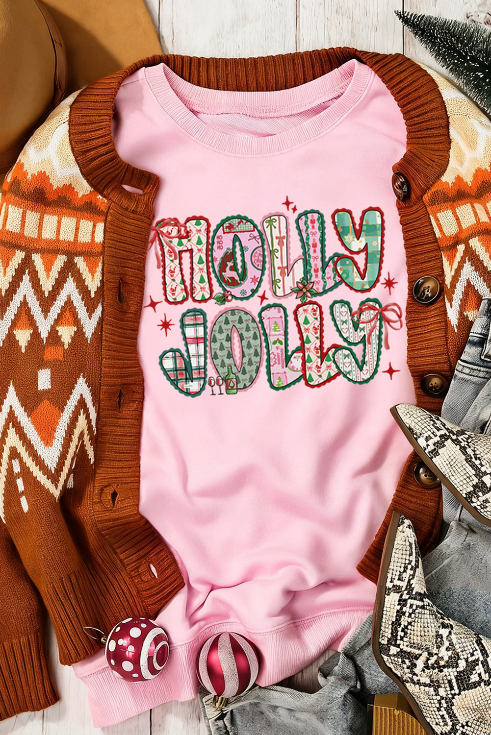 Holly Jolly Christmas Sweatshirt – Pink Holiday Graphic Pullover