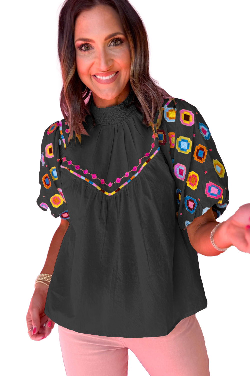 Wholesale Black Geometric Embroidered Smocked Neck Puff Sleeve Top