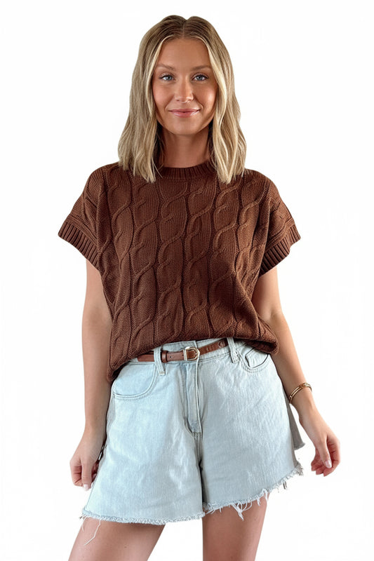 Caramel Cable Knit Cap Sleeve Sweater