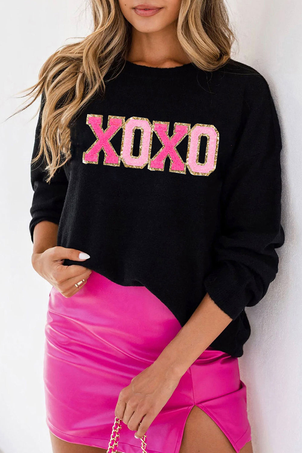 White XOXO Chenille Letter Round Neck Casual Sweater