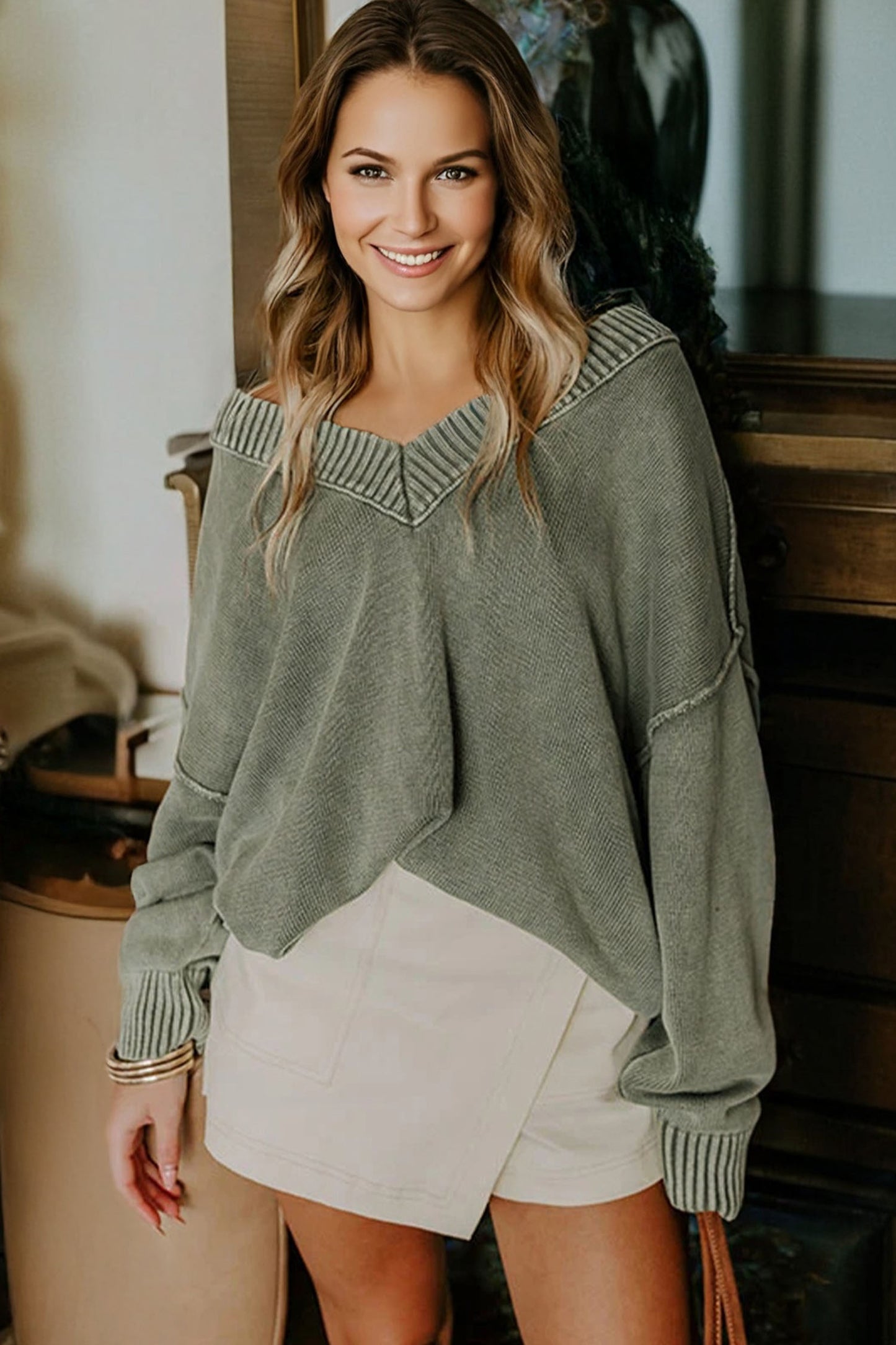 Four Leaf Clover Mineral Wash V Neck Knit Exposed Seam Drop Shoulder Loose Sweater