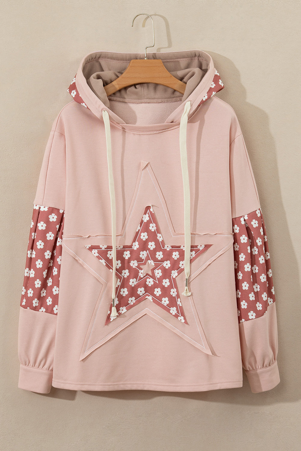 Beau Blue Floral Patchwork Star Pattern Drawstring Hoodie