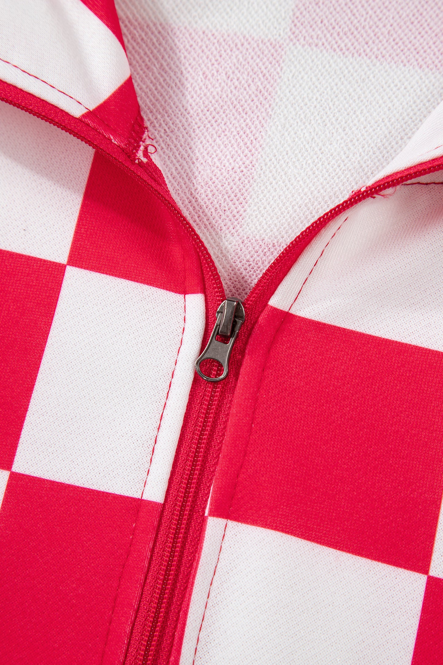 Red Checkered Print Half Zip Hoodie Loose Pant Set