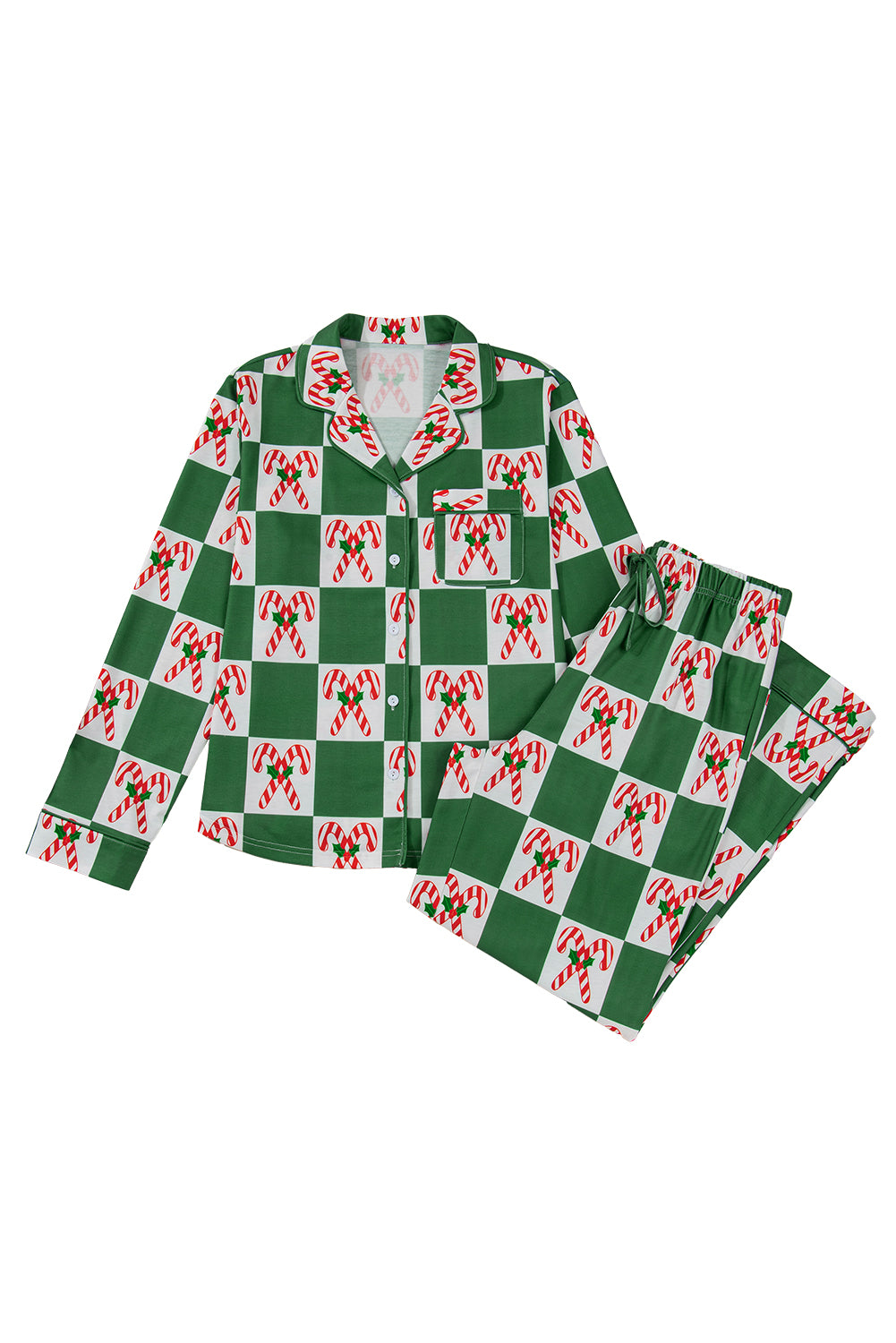 Green Candy Cane Checkered Pattern Christmas Pajama Set