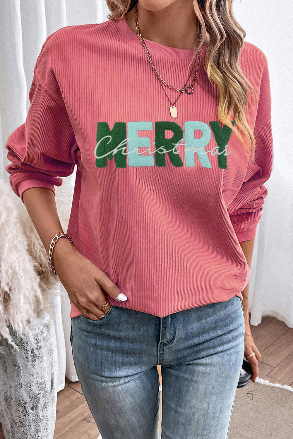 Strawberry Pink MERRY Christmas Terry Flocking Corded Graphic Sweatshirt