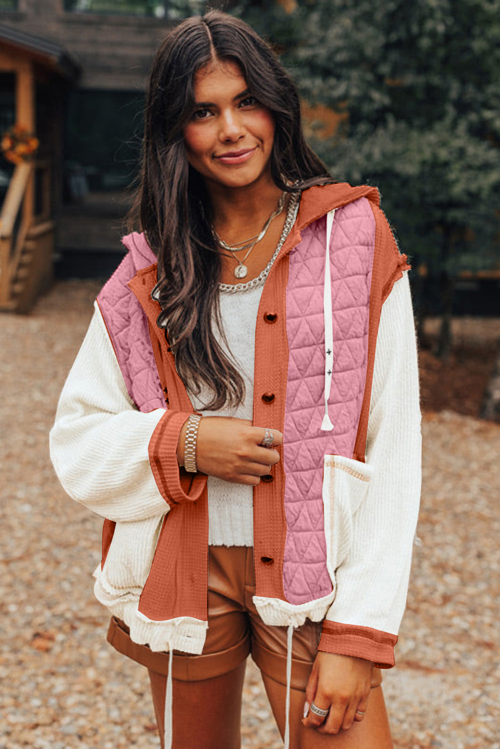 Light Blue Quilted Textured Patchwork Hooded Jacket