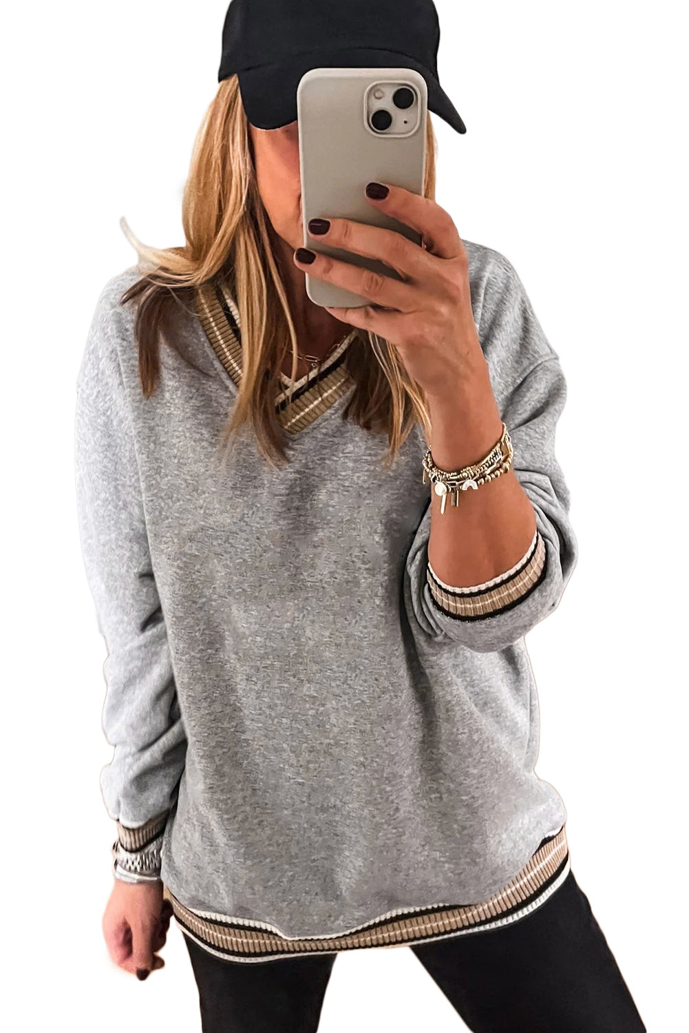 Parchment Varsity Contrast Trim V Neck Sweatshirt