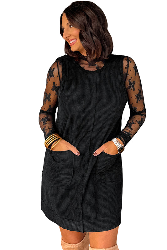 Black Corduroy Exposed Seam Sleeveless Mini Dress