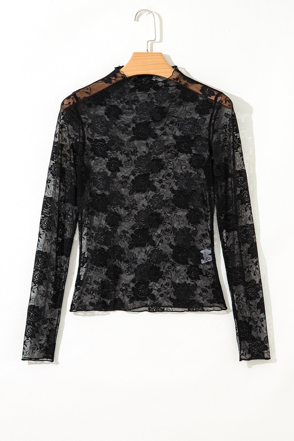 Black Mock Neck Floral Lace Mesh Long Sleeve Top