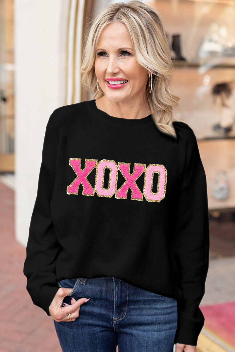 White XOXO Chenille Letter Round Neck Casual Sweater