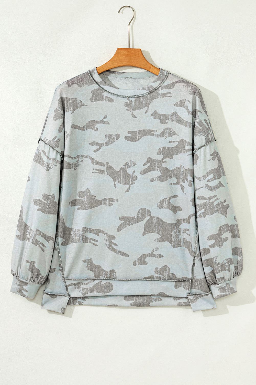 Green Camouflage Print Exposed Seam Drop Shoulder Sweatshirt