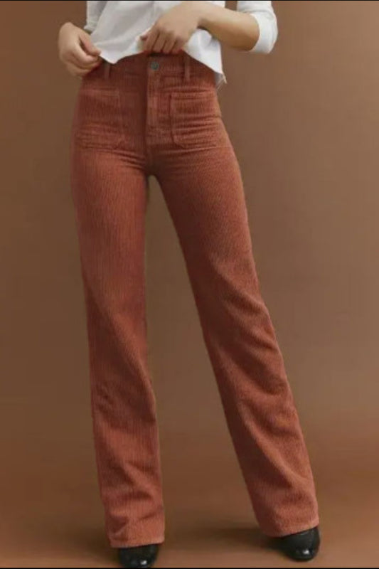 Bella Brown High Waist Pockets Corduroy Flare Leg Pants