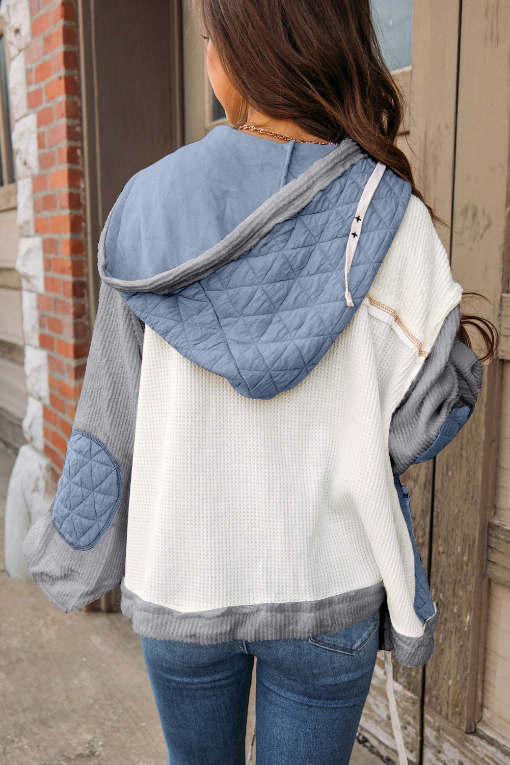 Light Blue Quilted Textured Patchwork Hooded Jacket