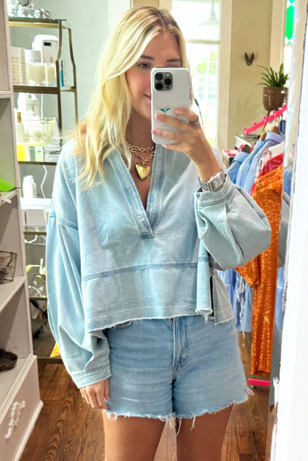 Beau Blue Light Wash Puff Sleeve V Neck Denim Blouse