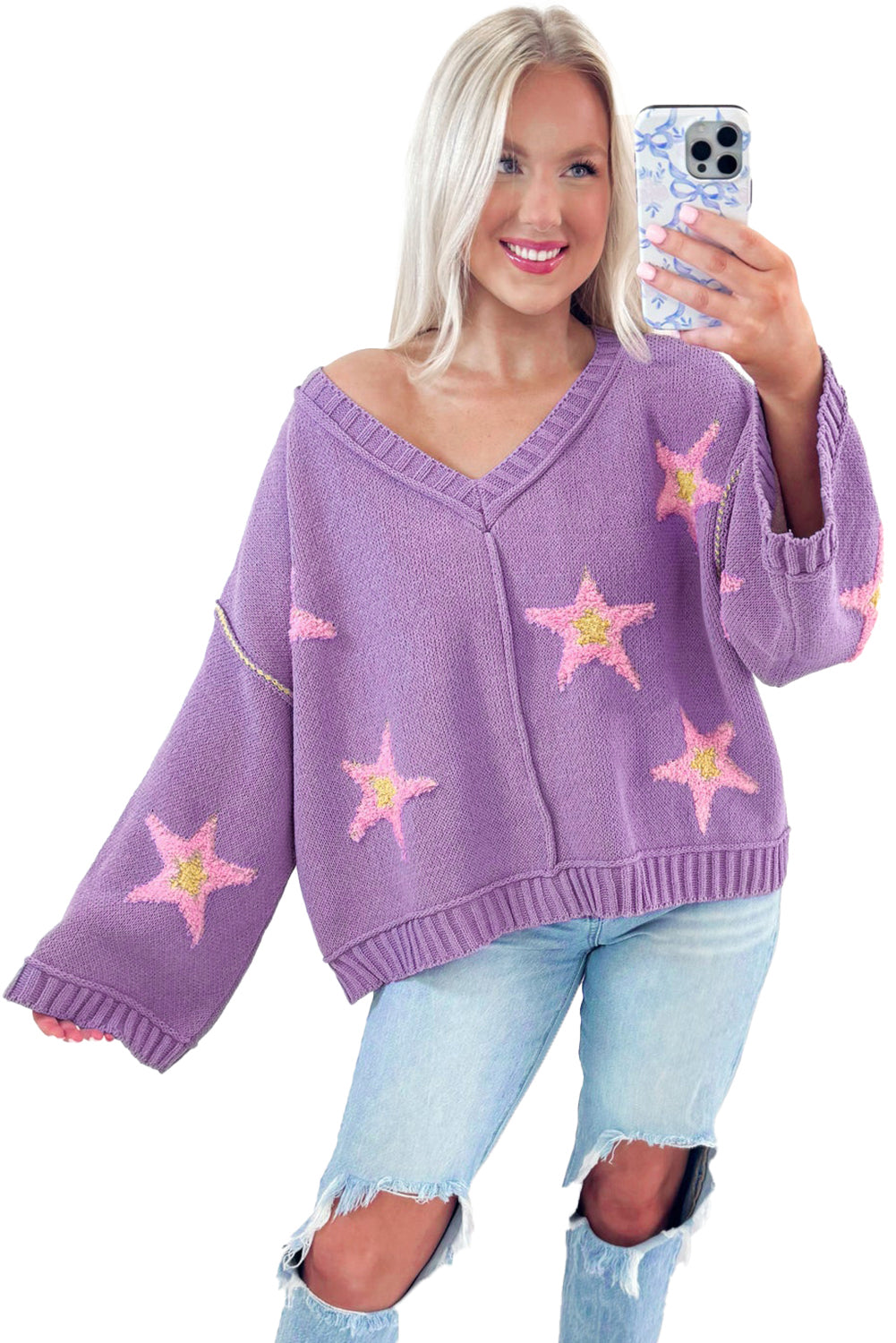 Lavendula Brushed Star Graphic V Neck Drop Shoulder Oversize Sweater