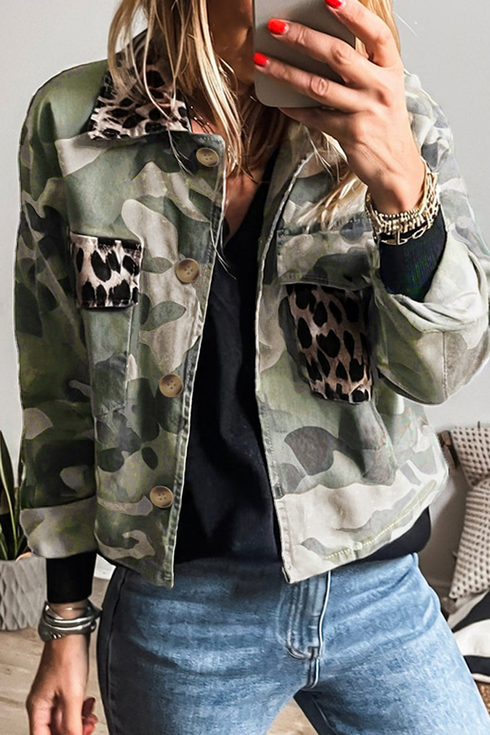 Taylor Camouflage Leopard Patchwork Flap Pocket Collared Jacket