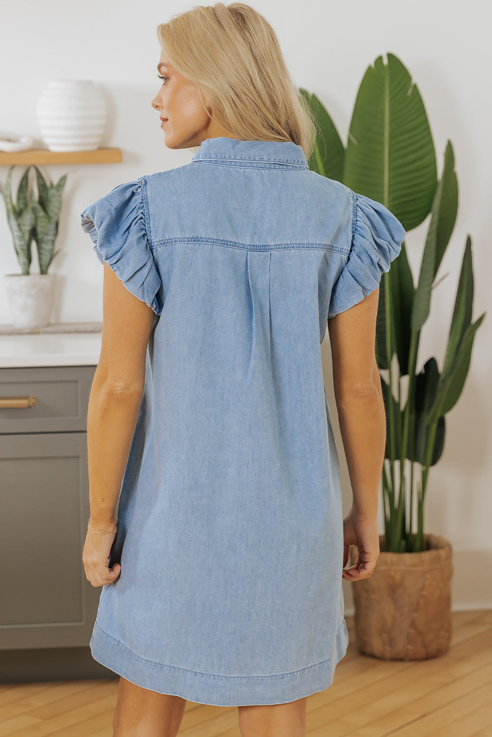 Beau Blue Flutter Sleeve Shirred Button Up Denim Mini Dress