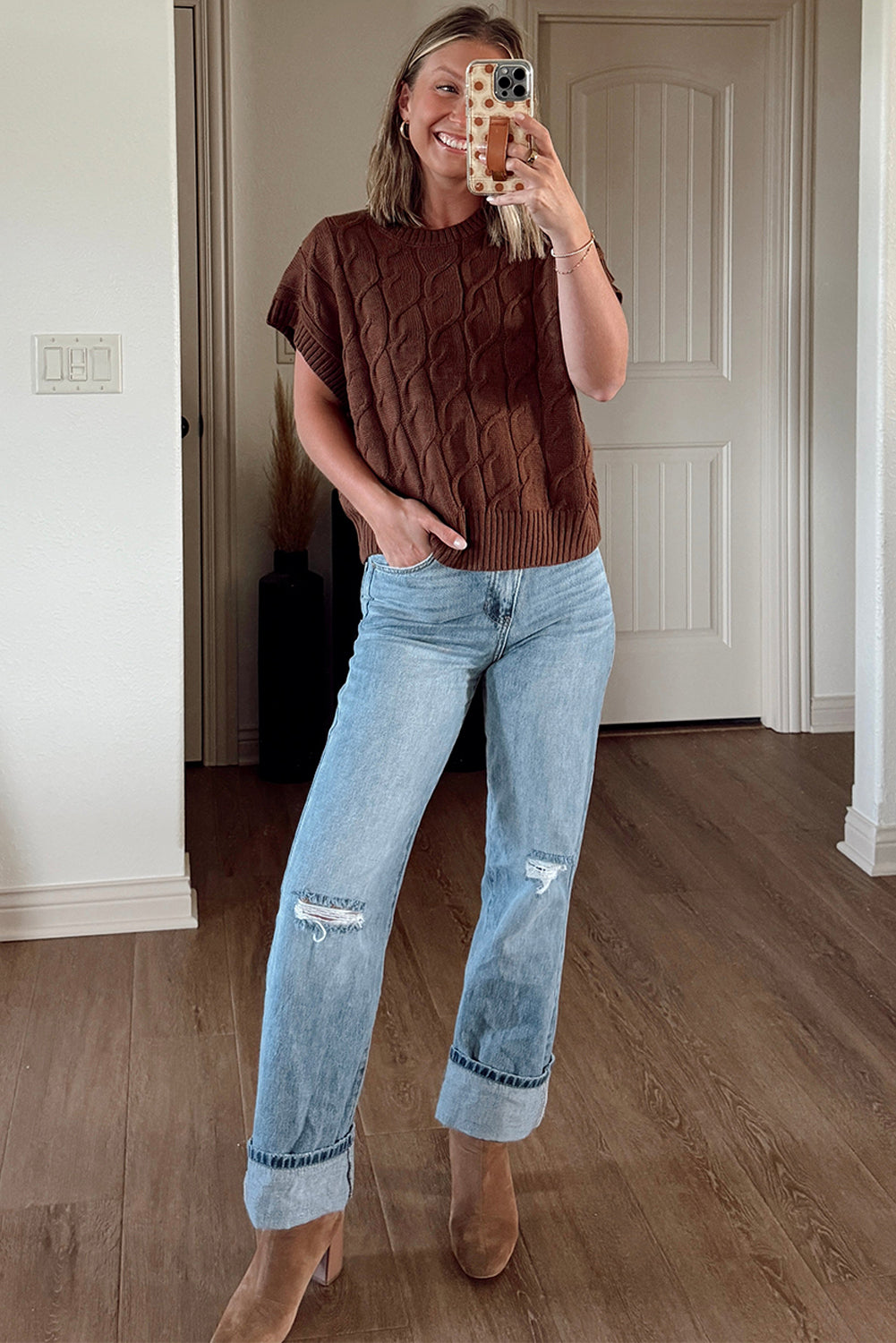 Caramel Cable Knit Cap Sleeve Sweater