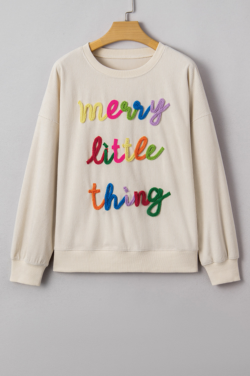 Beige merry everything Letter Graphic Ribbed Loose Sweatshirt