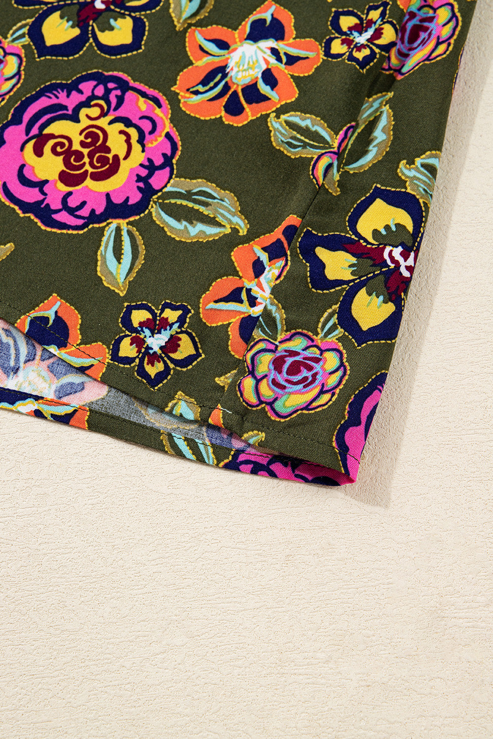 Green Floral Print Split Neck Bubble Sleeve Mini Dress