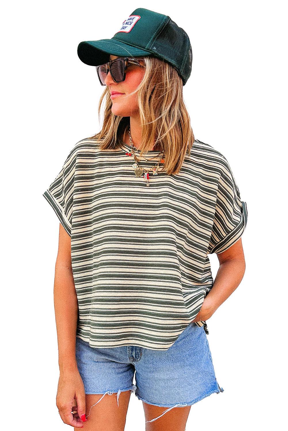 Green Stripe Textured Side Slit Crew Neck T Shirt