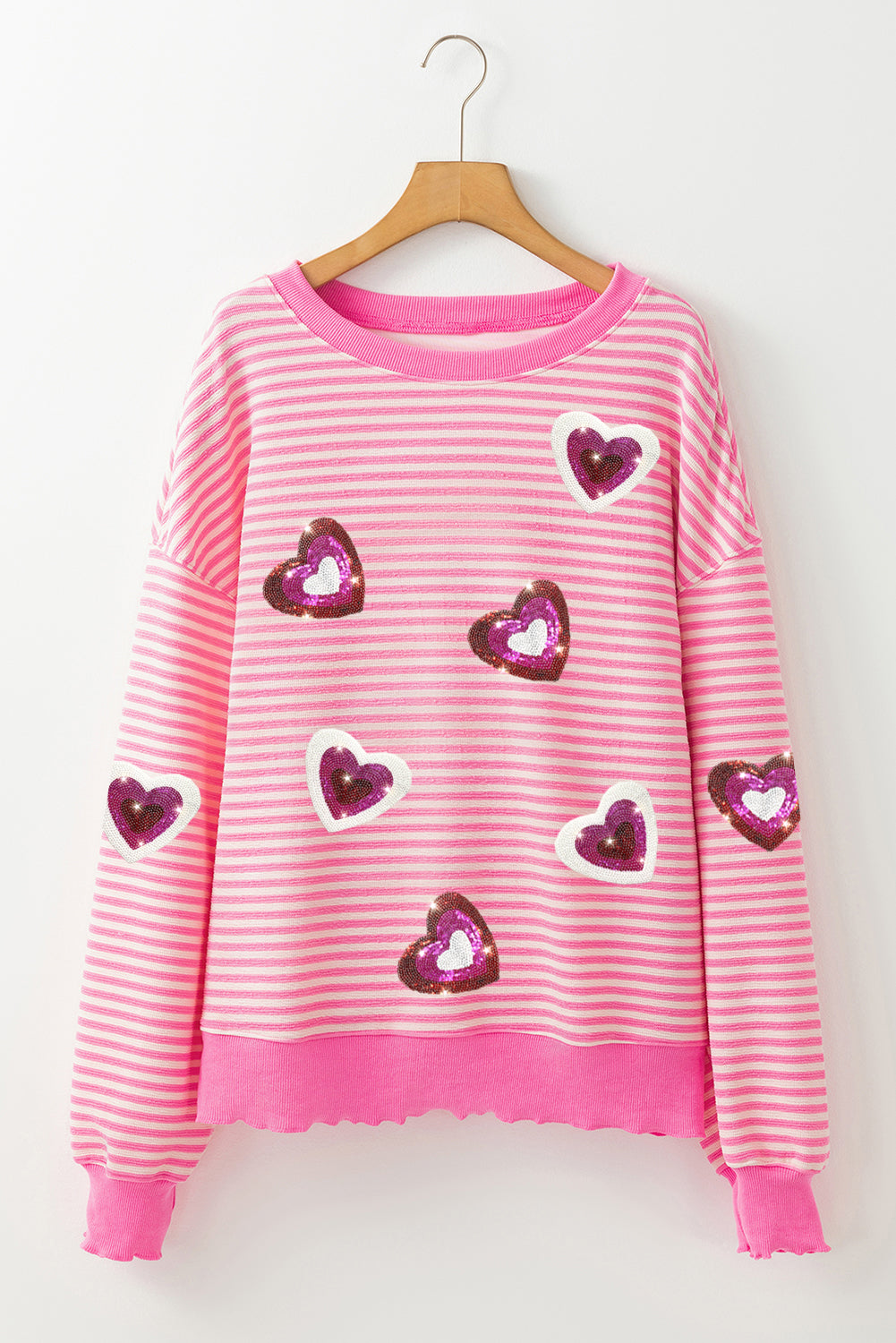 Pink Stripe Sequin Heart Patches Pattern Long Sleeve Valentines Top