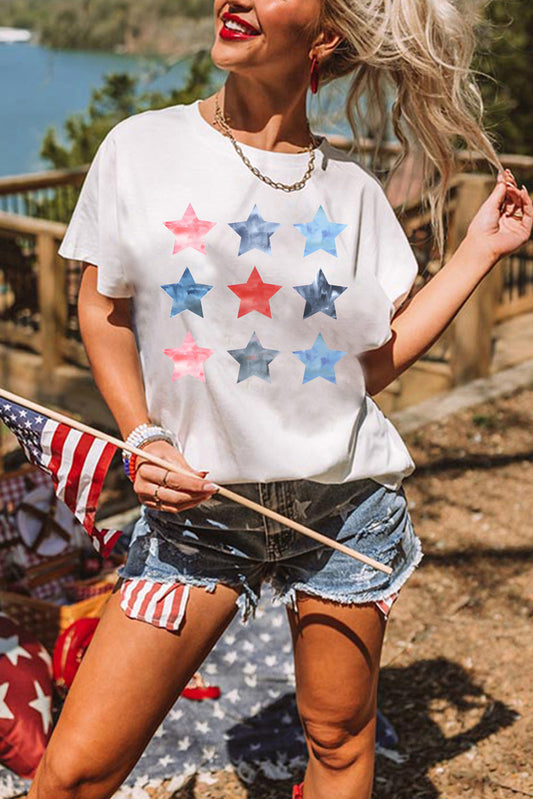 Wholesale White Stars Graphic Crew Neck Roll Up Sleeve T Shirt