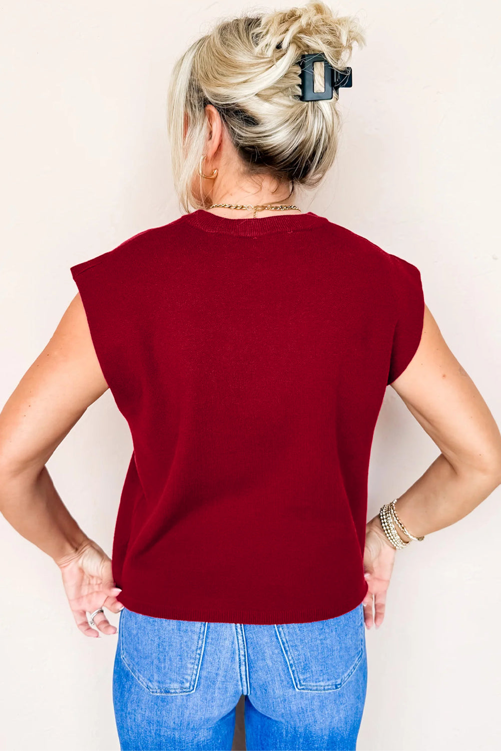 Racing Red Solid Color Knit Cap Sleeve Sweater