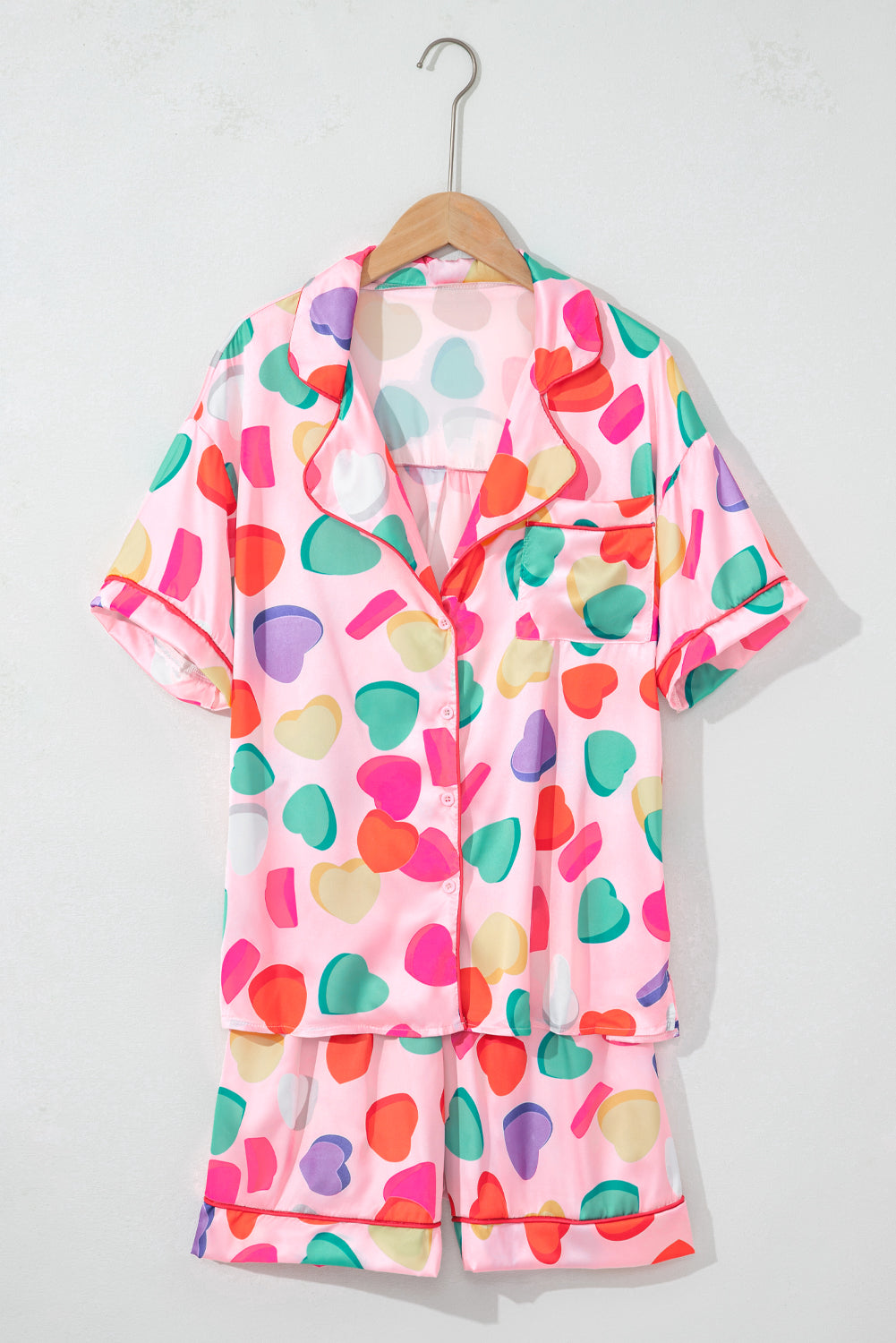 Pink Full Heart Pattern Shirt and Shorts Satin Pajama Set