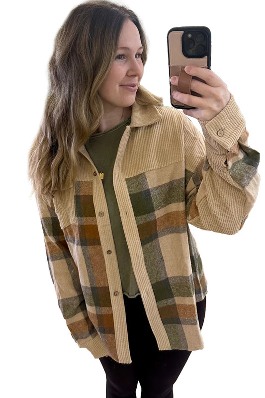 Parchment Plaid Patchwork Long Sleeve Shacket