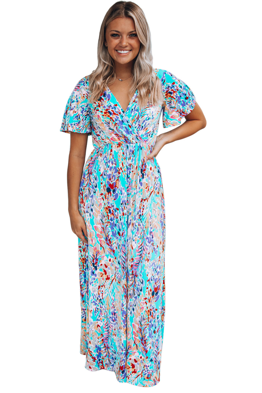 Aubrey Abstract Print Wrap V Neck Flutter Sleeve Mid Length Summer Dress