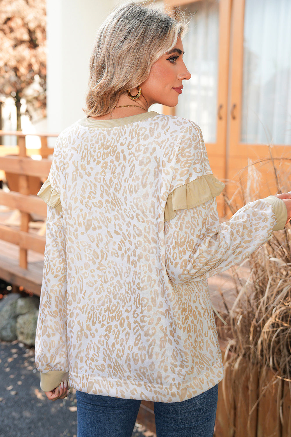 Koda Ribbed Trim Ruffle Leopard Sweatshirt