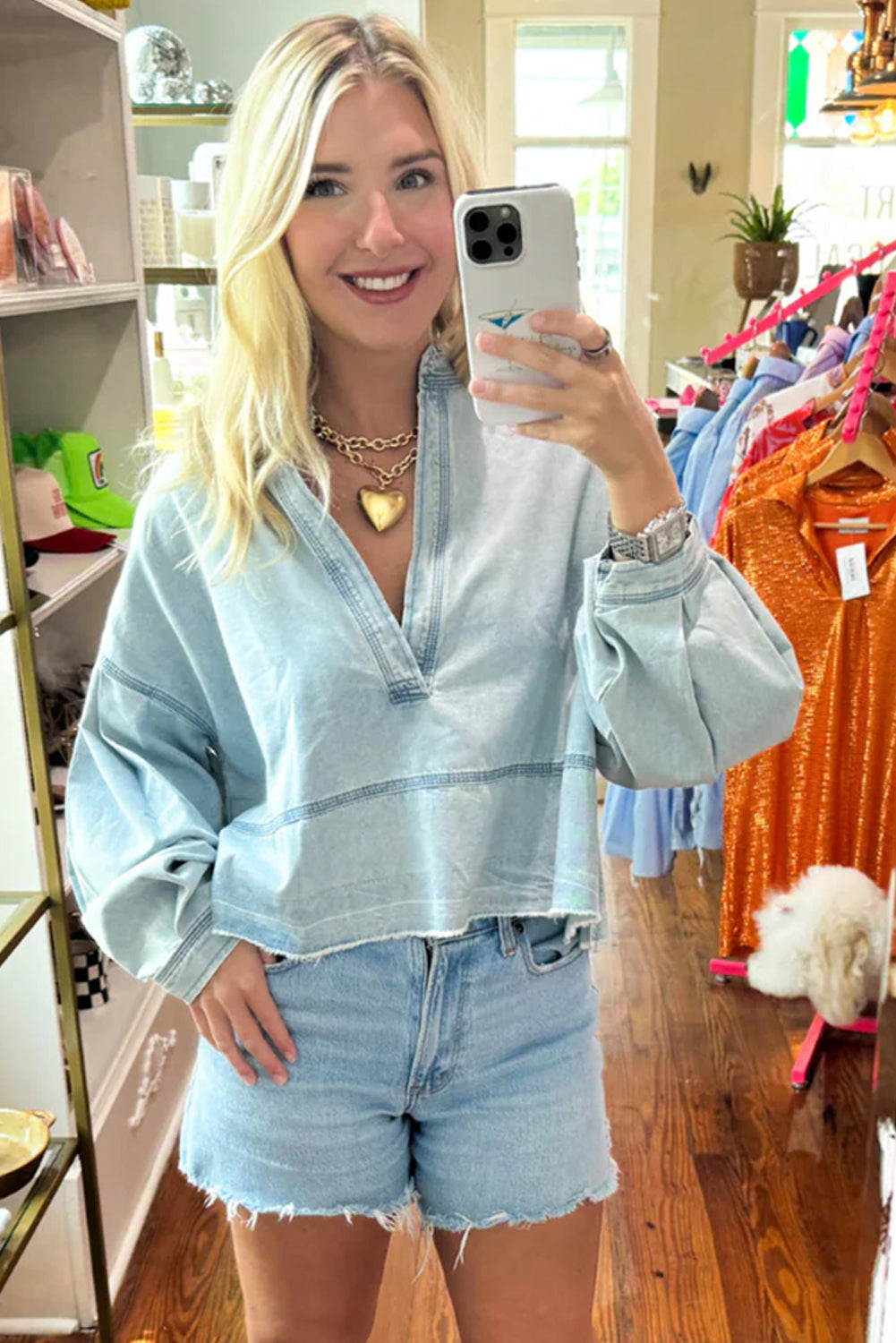 Beau Blue Light Wash Puff Sleeve V Neck Denim Blouse