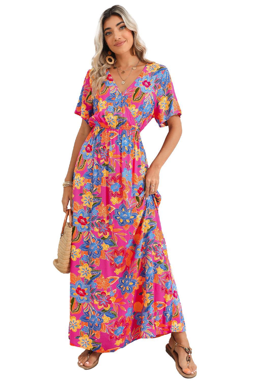 Aubrey Abstract Print Wrap V Neck Flutter Sleeve Mid Length Summer Dress