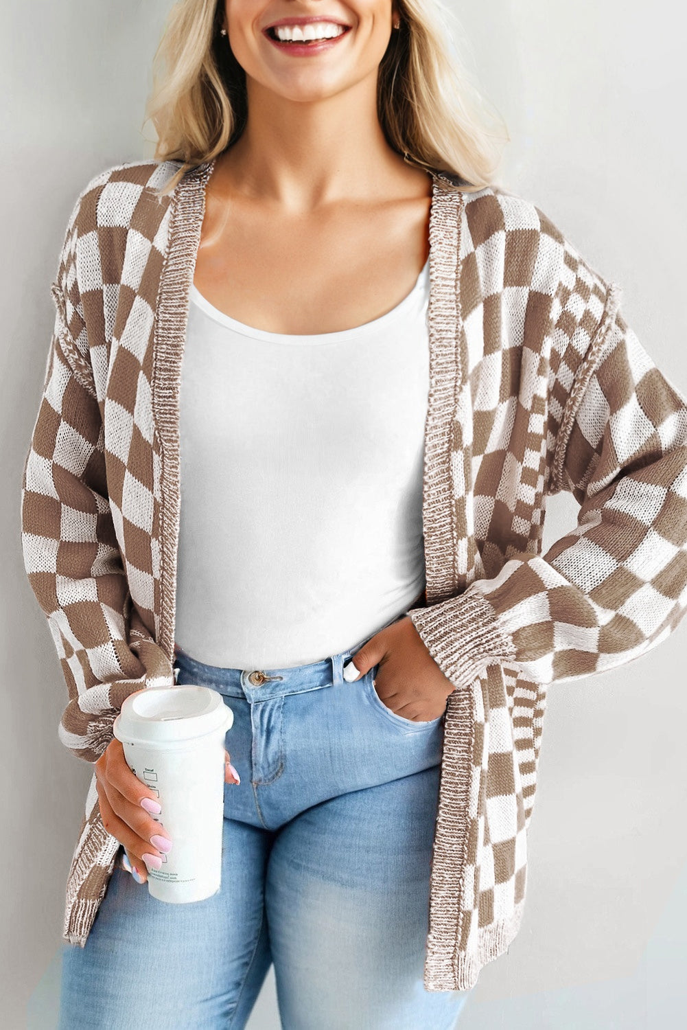 Bonnie Checkered Plus Size Drop Shoulder Knit Cardigan
