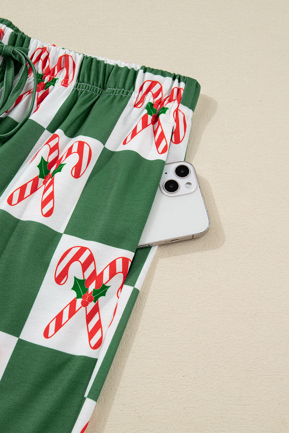 Green Candy Cane Checkered Pattern Christmas Pajama Set
