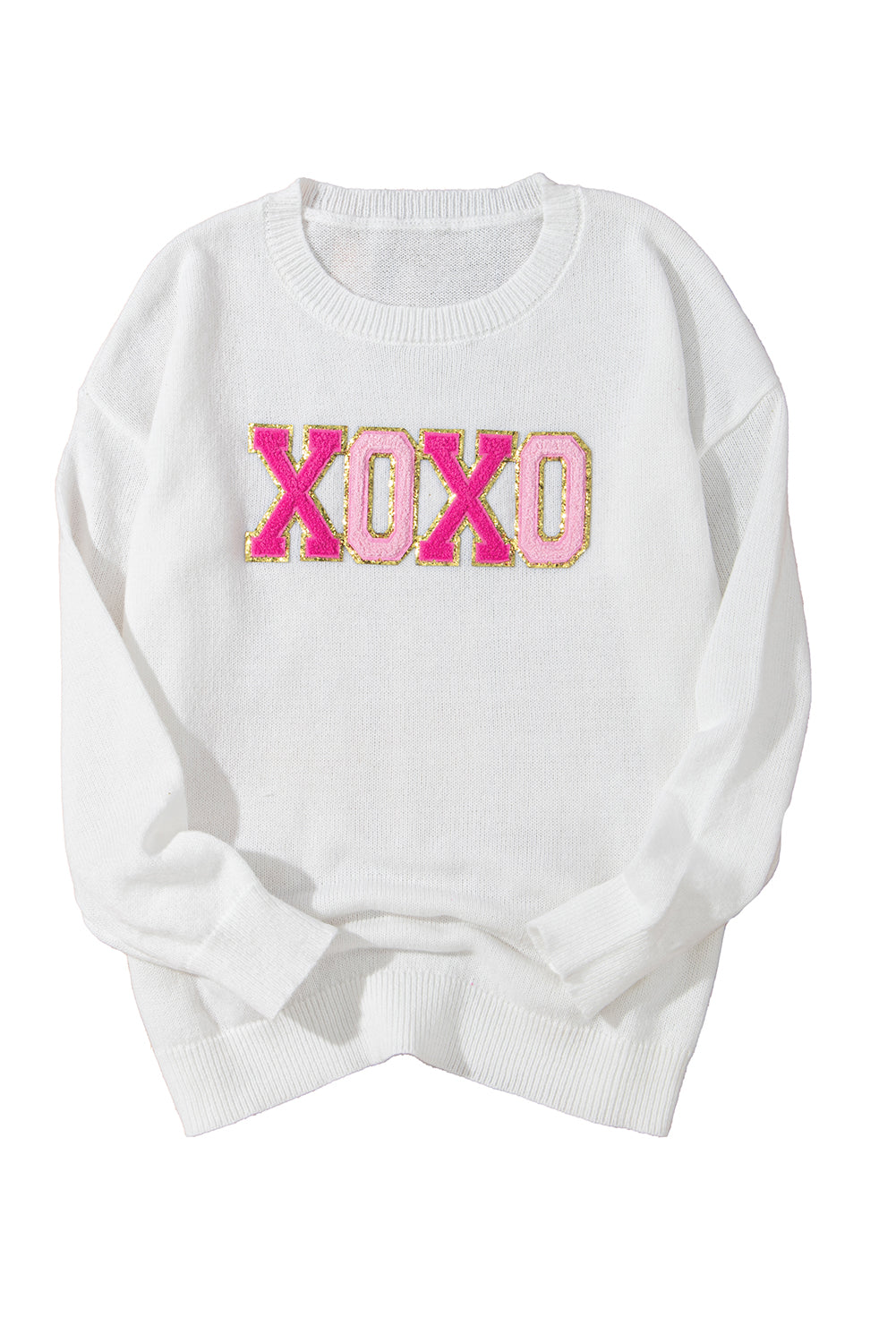 White XOXO Chenille Letter Round Neck Casual Sweater