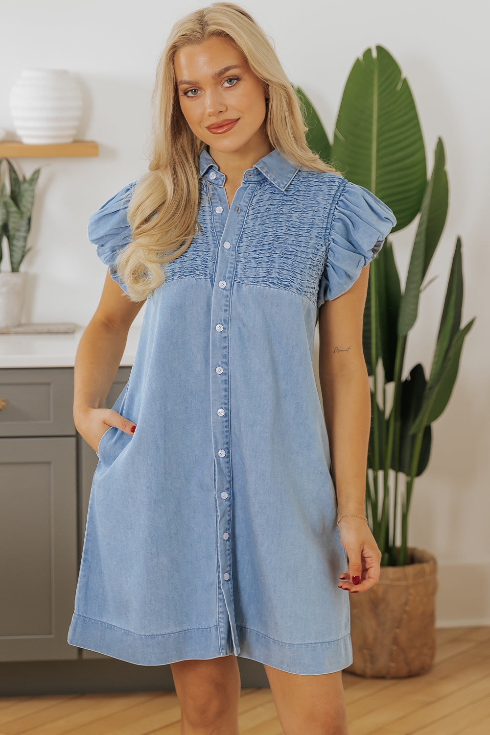 Beau Blue Flutter Sleeve Shirred Button Up Denim Mini Dress