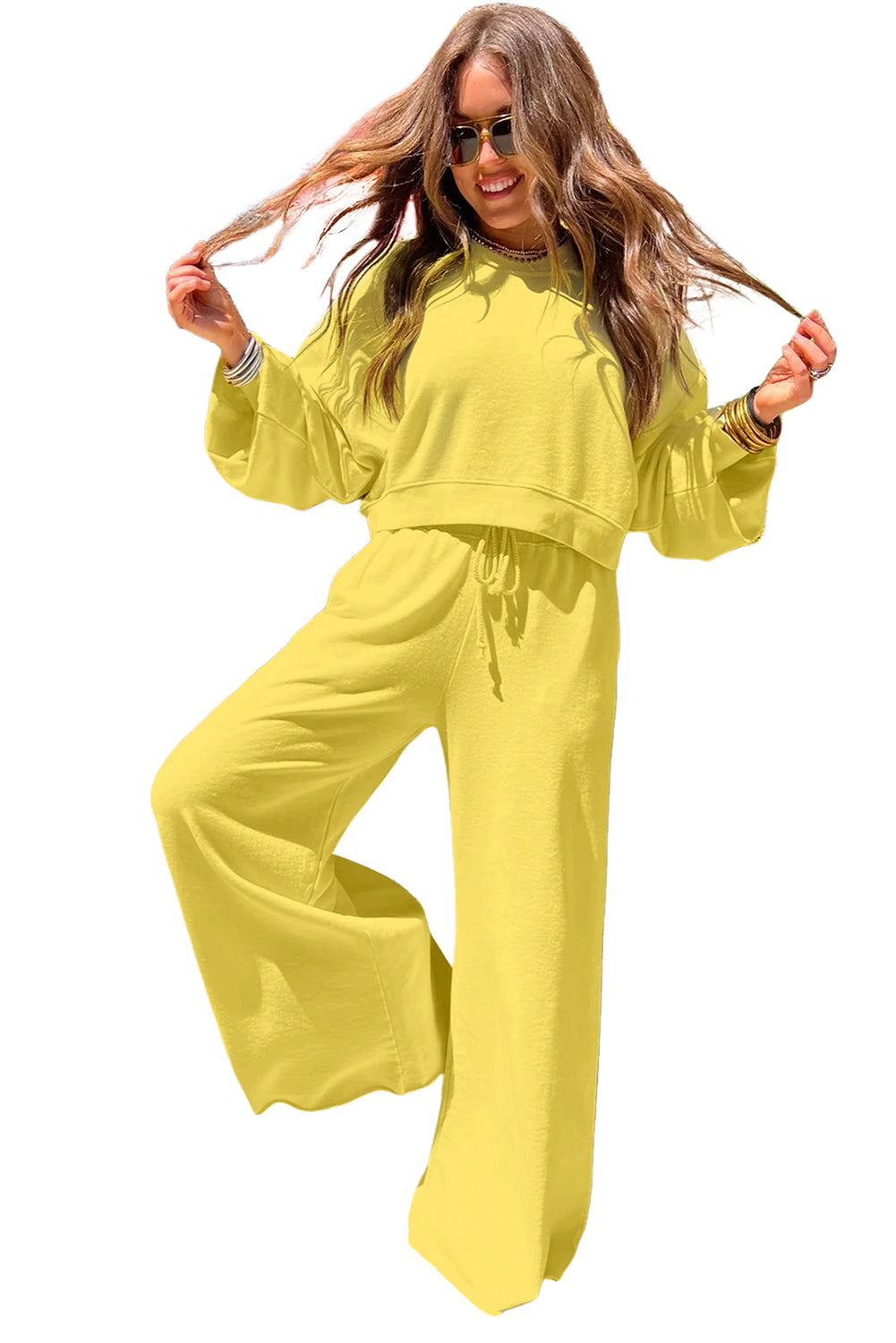 Light Pink Drop Shoulder Crop Pullover Drawstring Wide Leg Pants Set