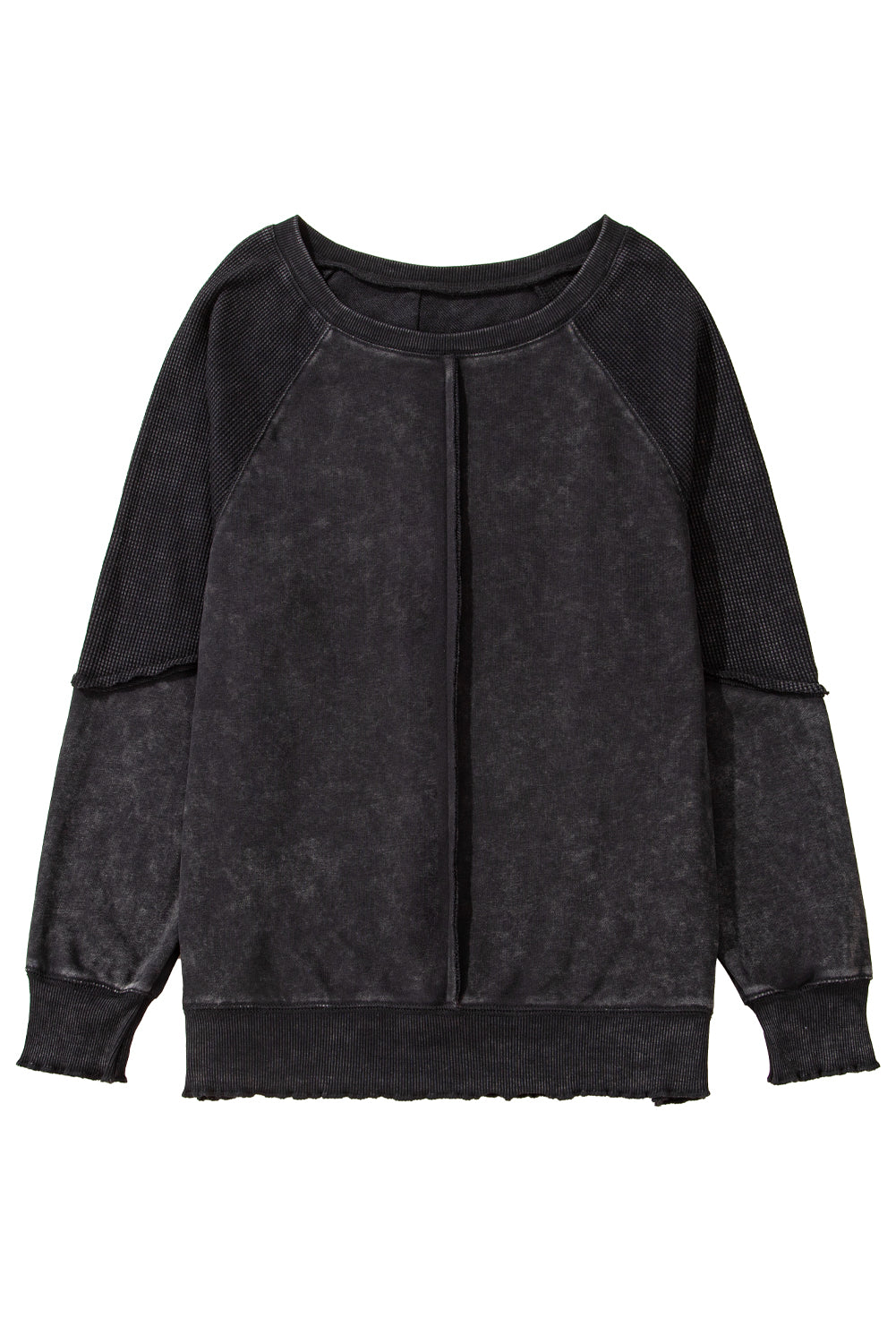 Black Solid Waffle Knit Patchwork Raglan Sleeve Sweatshirt