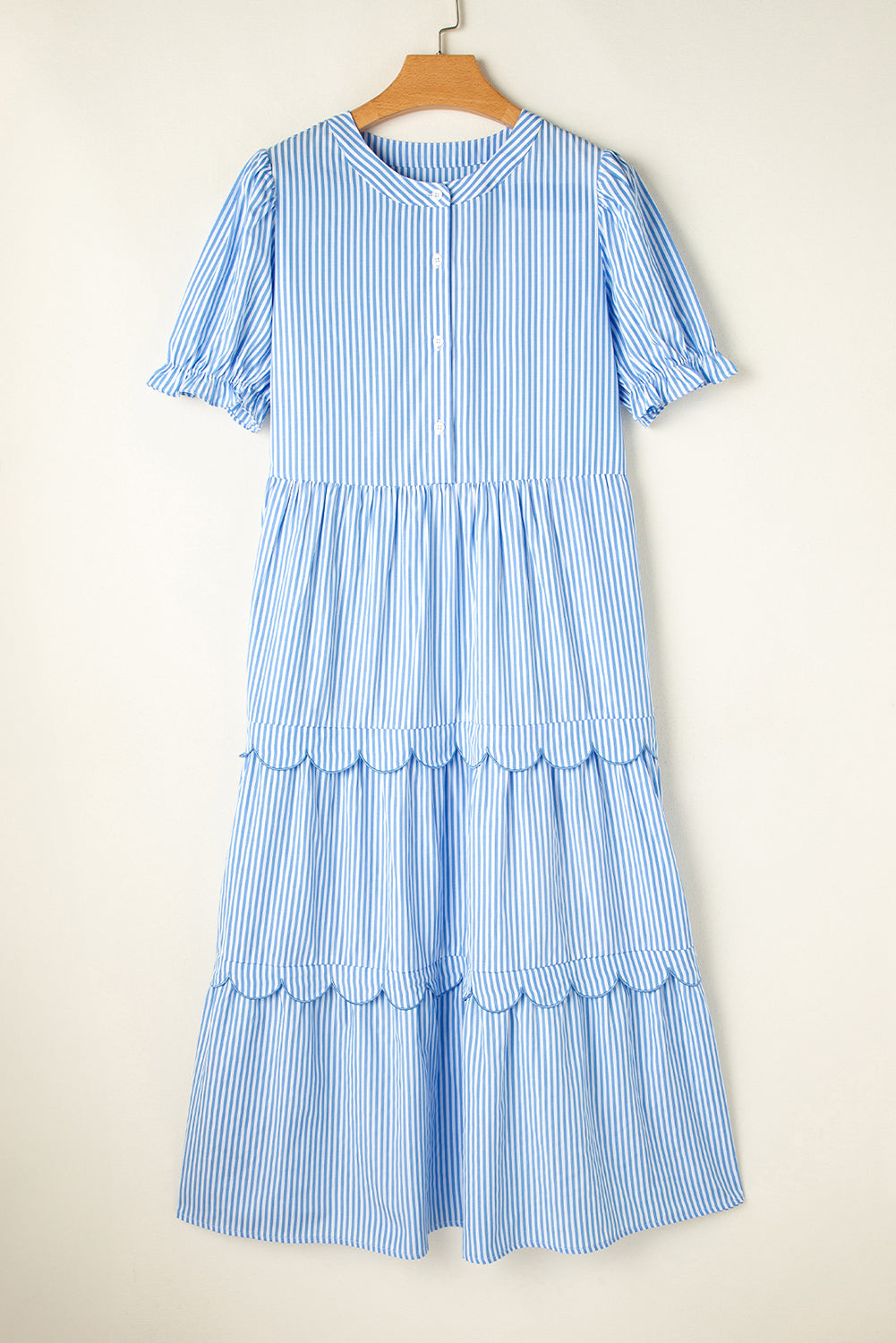 Sky Blue Stripe Bubble Sleeve Scallop Tiered Dress