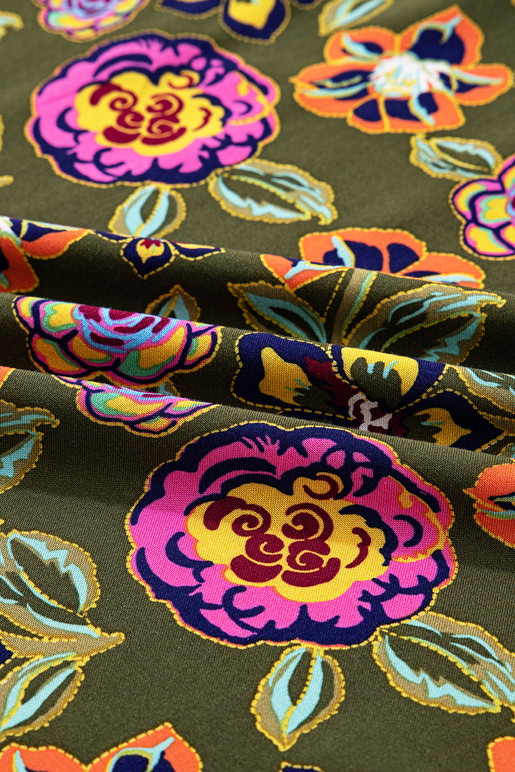 Green Floral Print Split Neck Bubble Sleeve Mini Dress