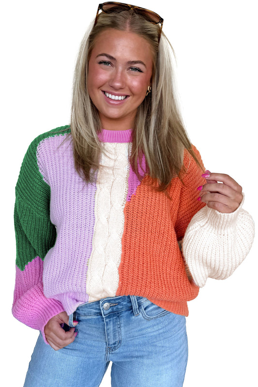 Desert Gold Colorblock Knit Drop Shoulder Loose Fit Sweater
