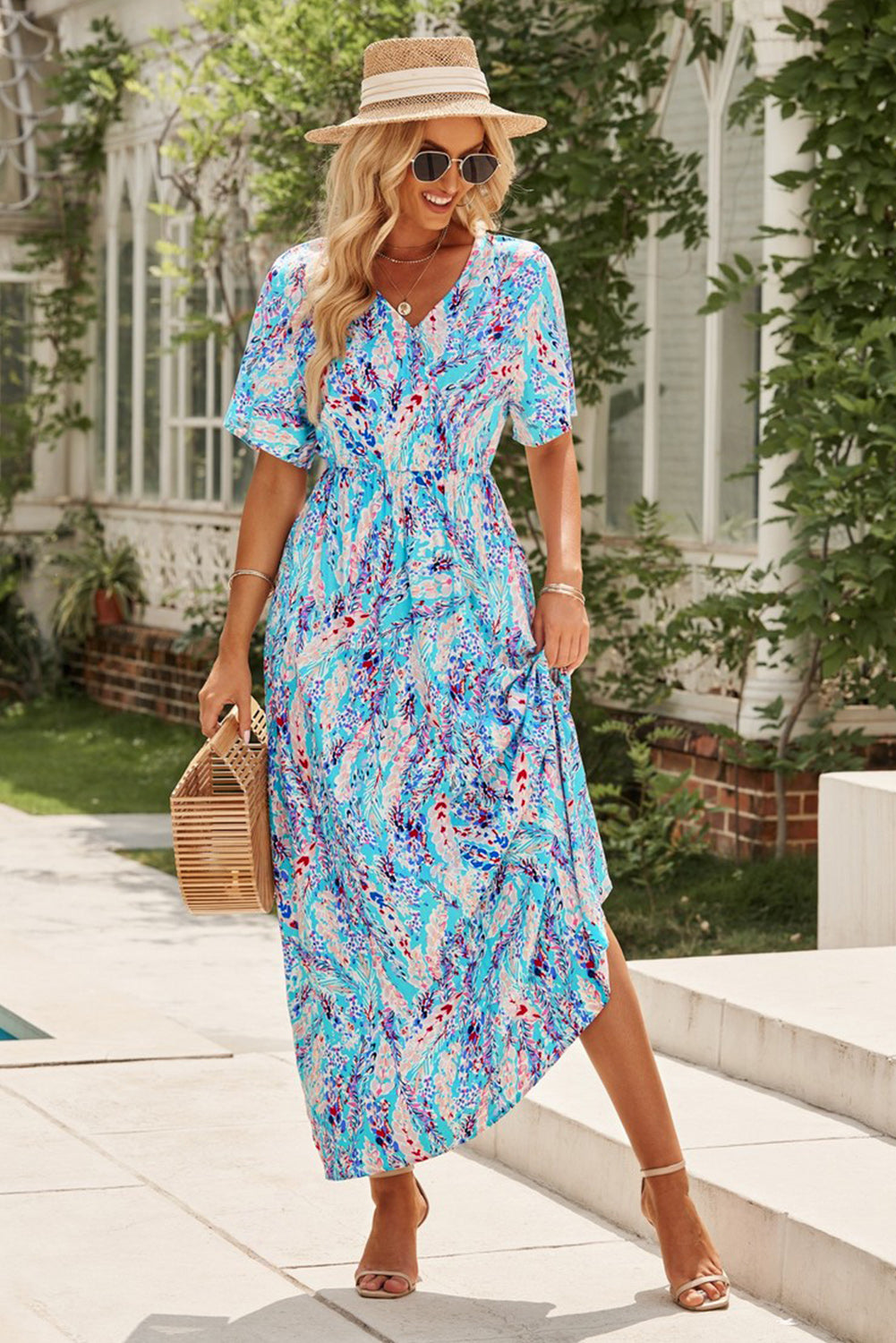 Aubrey Abstract Print Wrap V Neck Flutter Sleeve Mid Length Summer Dress