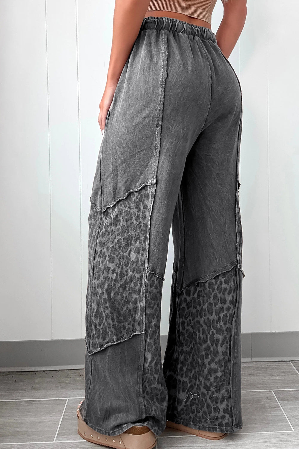 Coffee Mineral Wash Leopard Patchwork Loose Pants
