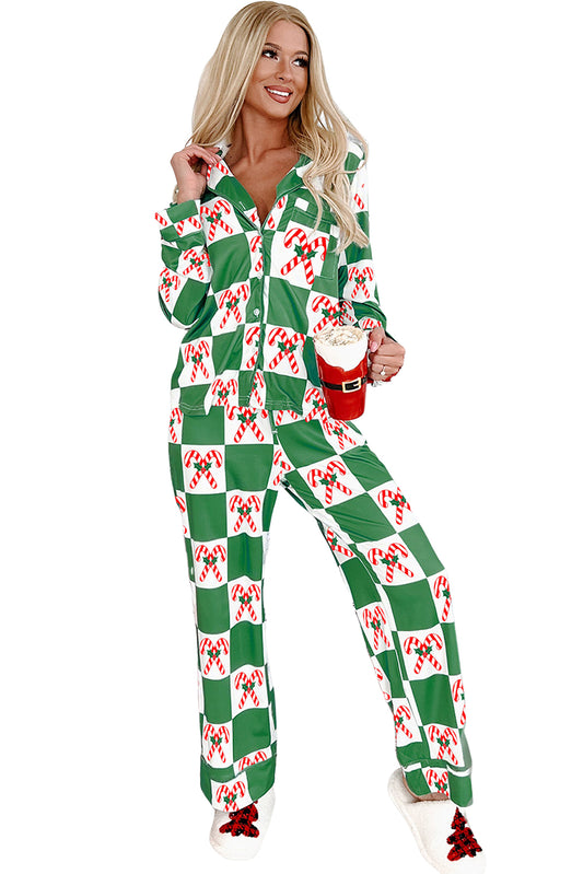Green Candy Cane Checkered Pattern Christmas Pajama Set