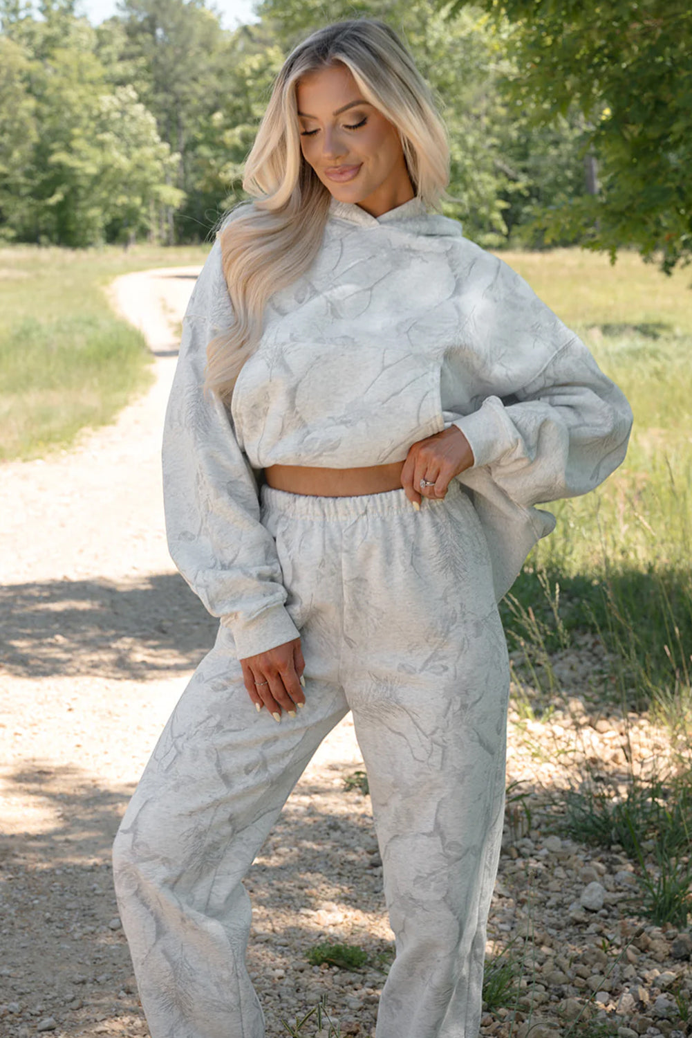 Light Grey Feather Camouflage Print Loose Drop Sleeve Hoodie and Pants Set