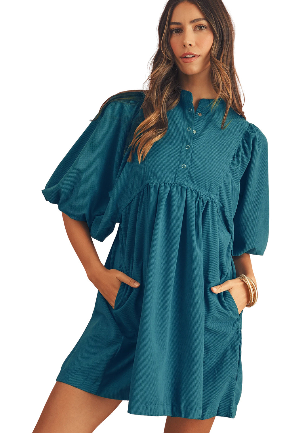 Lilly Snap Button Empire Waist Lantern Sleeve Corduroy Dress