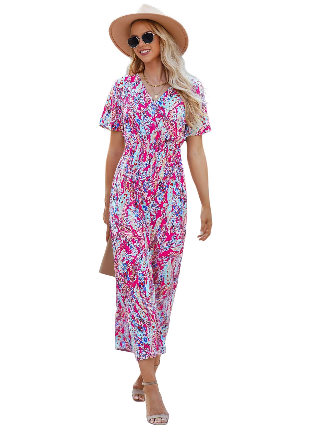 Aubrey Abstract Print Wrap V Neck Flutter Sleeve Mid Length Summer Dress