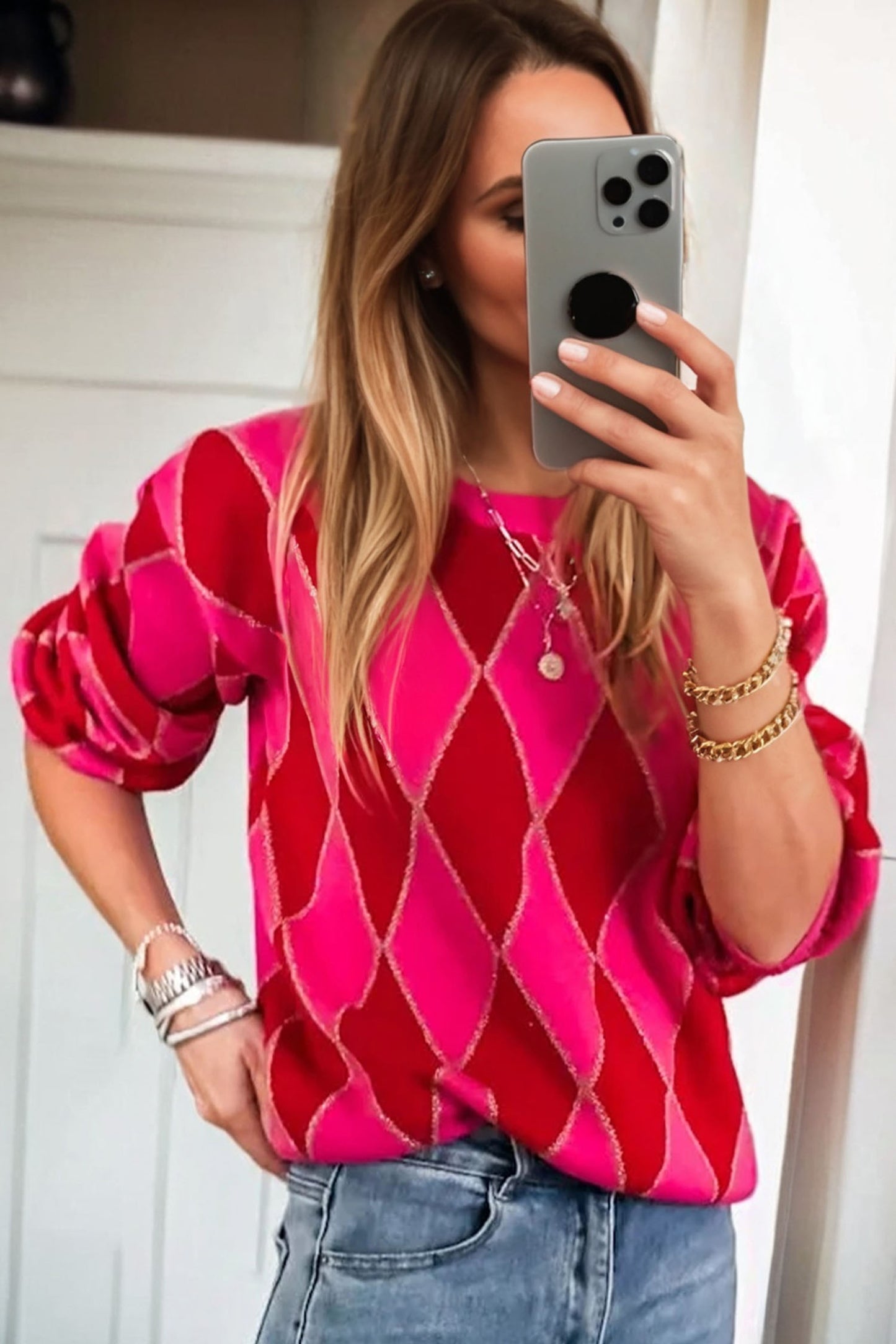 Rose Red Glitter Rhombus Pattern Knit Womens Casual Sweater